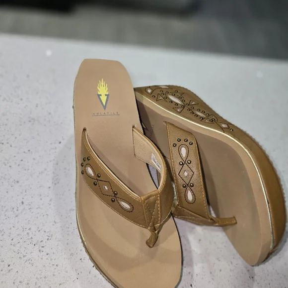 Volatile Tan Wedge Slides with Perforated Design - Picture 5 of 5